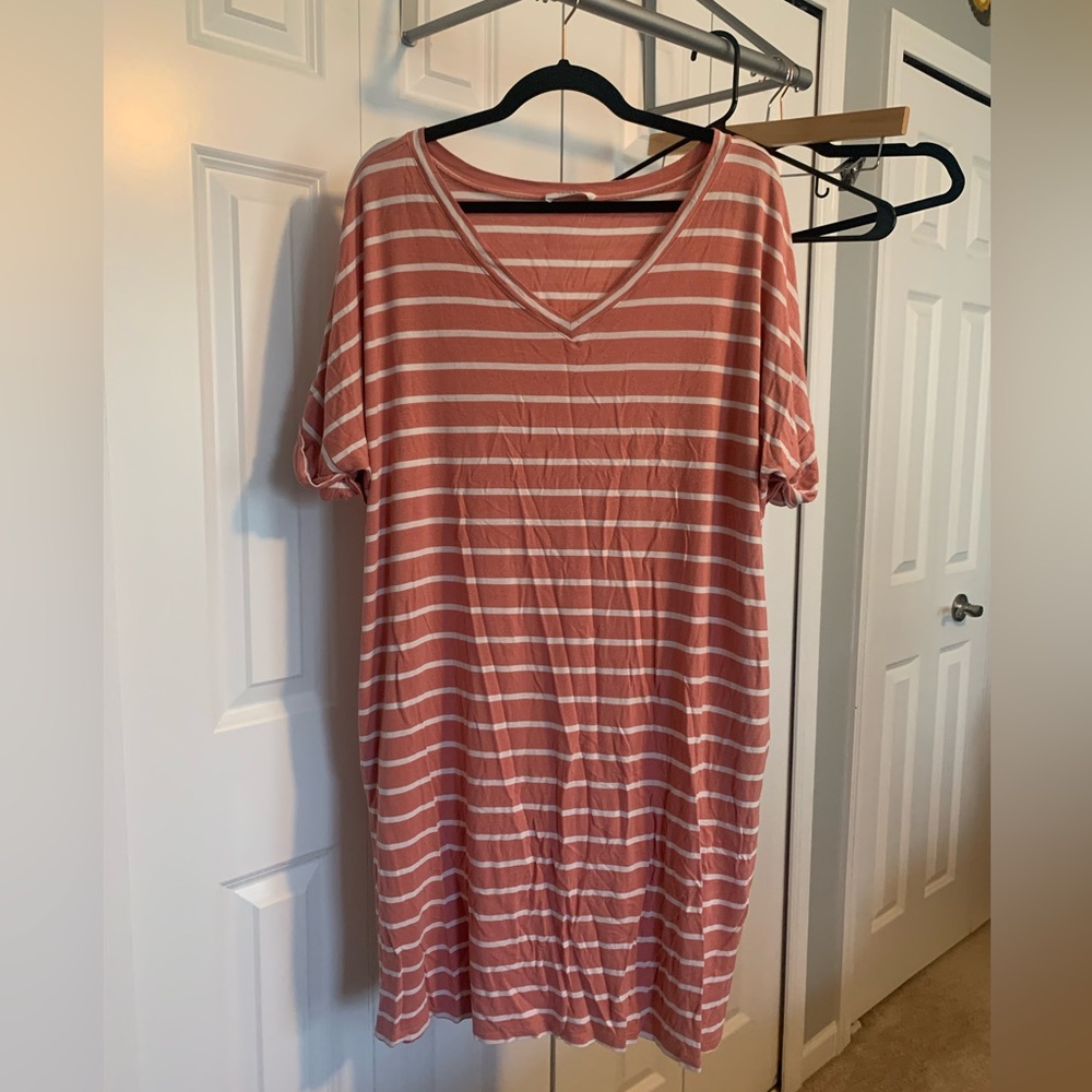 Zenana Outfitters Pink and White Striped V-Neck Midi Dress